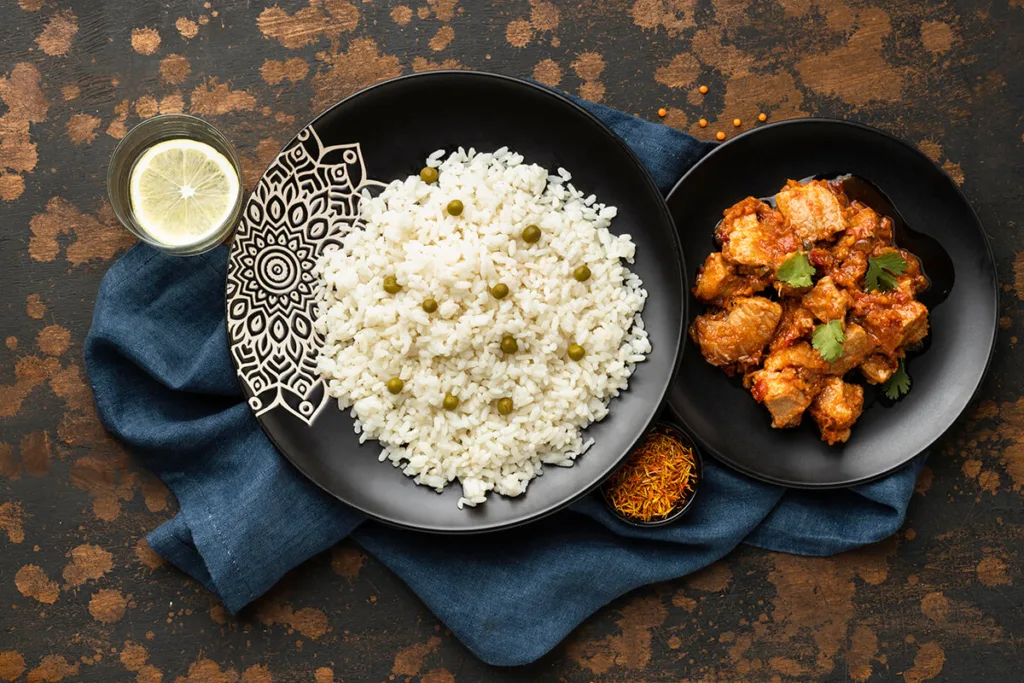 top-view-rice-meat-dishes