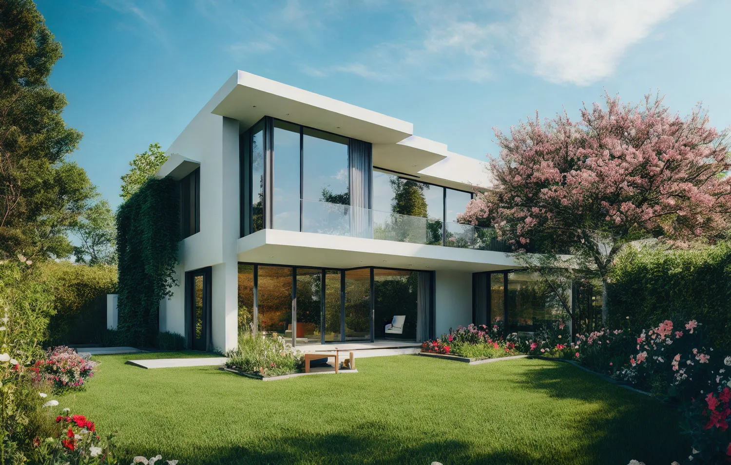 Modern white villa with floor-to-ceiling glazing photographed from the garden