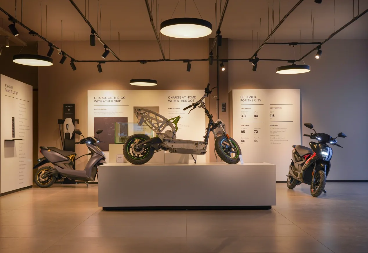 Electric scooter showroom interior, retail architecture photography Bangalore