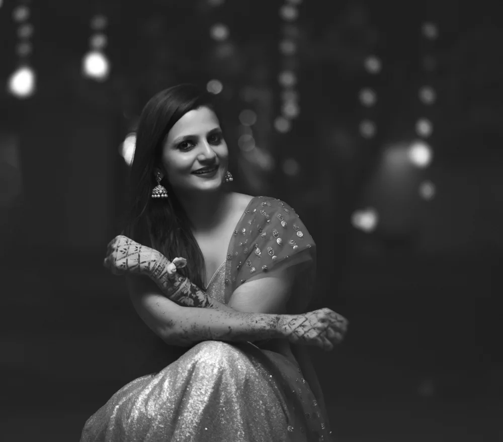 Black and white portrait of a bride seated, bridal photography Bangalore