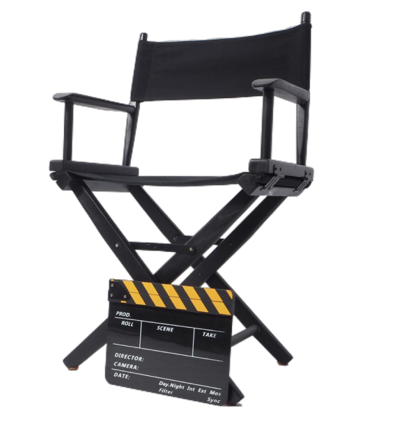 Director chair with black yellow clapper board movie slate white background it is used video production film industry