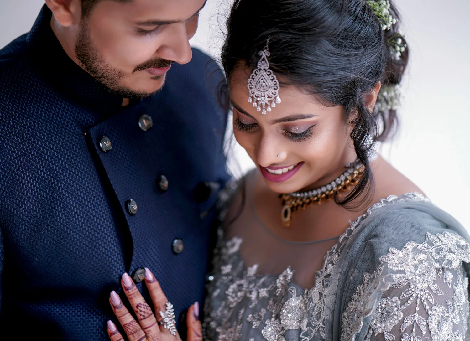 Bride and groom in a close portrait at an engagement shoot, wedding photography Bangalore