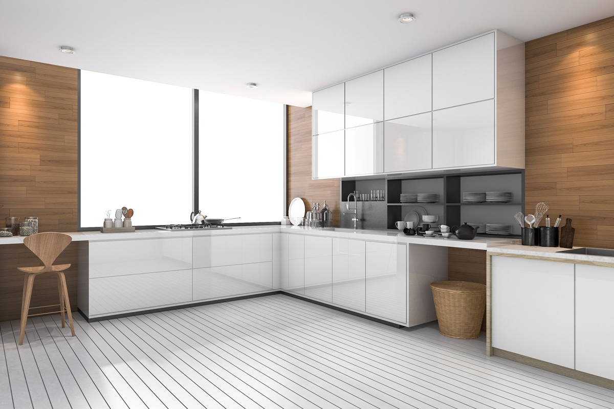 Modern kitchen with cleared worktops, interior photography Bangalore